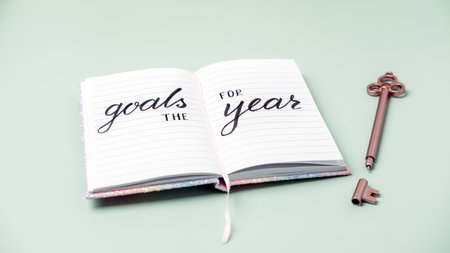 Goals for the year 2023, New year resolution. Text Goals for the year in open notepad on the table. Start new season, planning and setting plansの写真素材