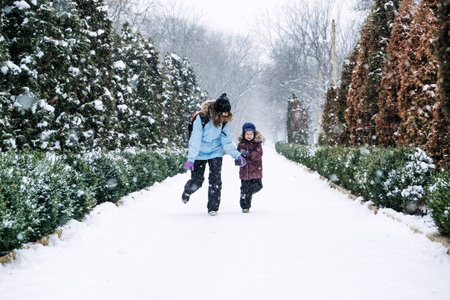 Happy Family, mother, son and cat in backpack walking on the snowy alley in winter snowy nature background. Mom, kid boy having fun, running, playing snow ball together outdoors at winter parkの写真素材
