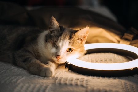 Disabled cats. Caring for special needs pets. Cats Protection. One-eyed blind disabled cat laying in bed at homeの写真素材
