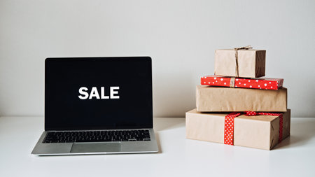Online Sale, Holidays Online shopping, E-Commerce. Open laptop computer display screen with word Sale and gift boxes on white table.の写真素材