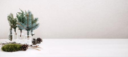 Sustainable green eco-friendly Christmas. Natural DIY Christmas materials for crafts decor, fir branches, cones, wooden sticksの写真素材