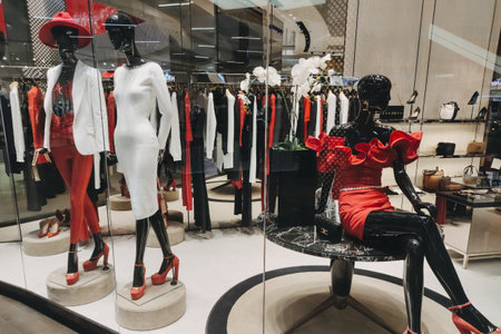 Christmas Winter sale in shopping center, mall. New Year and Christmas decorations in Big shopping center with Stores. Warsaw, Poland - December 02, 2022のeditorial素材