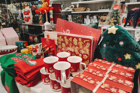 Christmas Winter sale with xmas tree ornaments, gifts, toys and decorations in shopping center, mall. New Year and Christmas stores in shopping center. Warsaw, Poland - December 02, 2022のeditorial素材