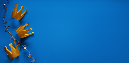 Happy Epiphany Day, Three Kings Day greeting card with three gold crowns on blue background. Concept for Dia de Reyes Magos day, three Wise Men, Epiphany Christian feast dayの写真素材