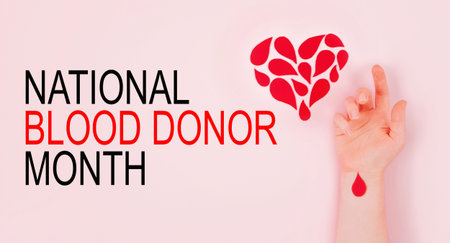 National Blood Donor Month background, web banner. Blood donor day campaign for donation charity concept with red drops heart and hands. Giving blood saves livesの写真素材