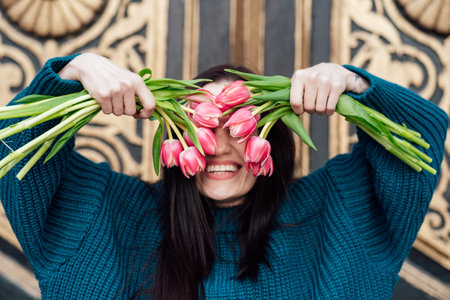Self-love and self-confidence. Ways to Practice Self-Love and Be Good to Yourself. Surrounding yourself with positivity. Alone woman with flowers enjoy life outdoorsの写真素材