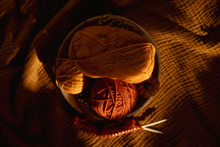 Autumn Fall Hobbies and Activities, knitting. Hygge Warm Hobbies to start a new cozy leisure-time activity. Fall cozy hobbies to help relax. Knitting needles and threads for knitting in sunlightの写真素材