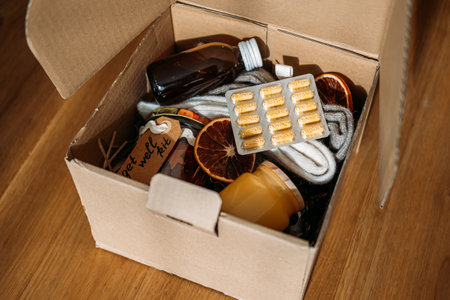 Care package, gift box for a sick friend. Get Well Soon Gifts for adults, Care Package Get Well Soon Gift Basket for Sick Friends. Feel Better Gifts, Thinking of You, Encouragement Cheer Up Giftsの写真素材