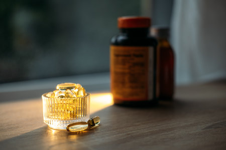 Benefits of Omega-3 for Cold Winter Months. Omega-3 fish oil Yellow Soft capsules in glass bottle on table at home. Take care of your health with fish oilの写真素材