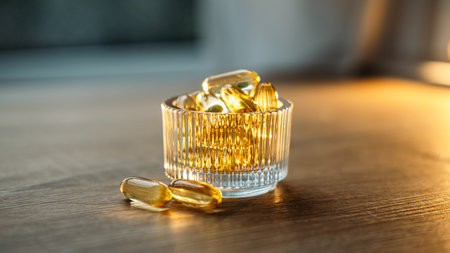 Benefits of Omega-3 for Cold Winter Months. Omega-3 fish oil Yellow Soft capsules in glass bottle on table at home. Take care of your health with fish oilの写真素材