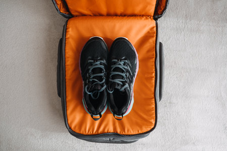 Minimalist travel, minimalism to trip, packing light, traveling with only the essentials. Minimalist Travel Capsule Wardrobe. Carry-on only packing list. Only sneakers in the suitcaseの写真素材