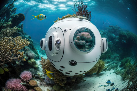 Robots Save Dying Coral Reefs. Robots technology rescue of the Great Barrier Reef. Undersea robots and 3-D printing to help coral reefs. AI generative.の素材