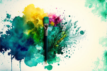 Spring watercolor background. Abstract Spring colors watercolor background with flowers leaves and stains. AI generative.の素材