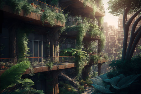 Biophilic design, biophilia in city architecture, urban environments. Biophilic Design connecting people and nature.の素材