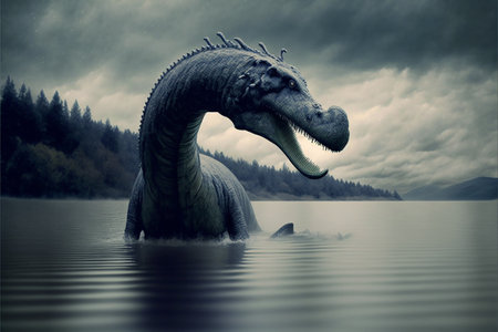Cryptozoology: The study of animals and creatures that are considered to be legendary or mythical, such as Loch Ness Monster. AI generative.の素材