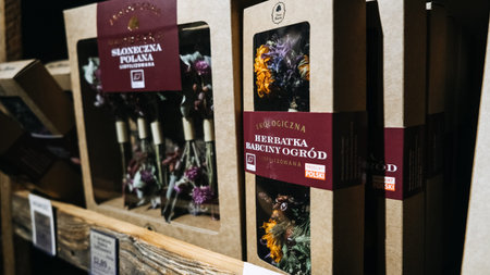 Organic Herbal Tea, dried bouquet of tea herbs on a stick Assortment on Store Shelves. Packaged...
