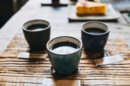 Caffeine-free beverage. Ceramic Cups of Herbal Coffee on Wooden Table. Coffee made from acorns, chicory, roasted barley. Three cups of dark, herbal coffee on rustic wooden table.の写真素材