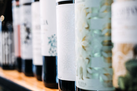 How choose wine. Assorted Wine Bottles on Display in a Store. A selective focus labels of a variety...