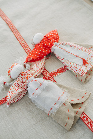 Motanka handmade Doll, family guard or great interior toy. Traditional Belarusian folk doll in Ethnic Costume with embroidered designの写真素材