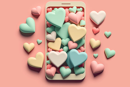 Dating service, online dating apps. Find match to Fall in Love. Many hearts and smartphones. Dating apps or likes in social media. AI generative.の素材