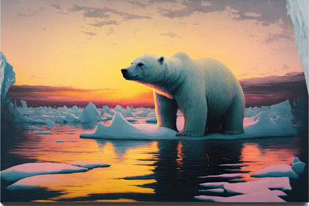 One polar bear on iceberg in ocean with floating icebergs on sunset background. floating icebergs due to climate change and melting glaciers. AI generative.の素材
