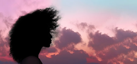 Womens mental health. Women's retreat. Self-Love Healing Journey, Healing Journey To Yourself. Double exposure afro hair female silhouette in pink sky. AI generative.の素材