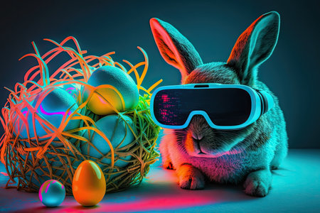 Easter Egg hunt on our metaverse. Fashion hipster easter bunny with vr glasses and easter eggs on black background. AI generative.の素材