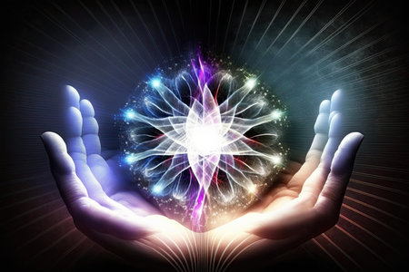 Reiki energy healing. Reiki is an energy healing technique that promotes relaxation, reduces stress and anxiety through gentle touch. AI generative.の素材
