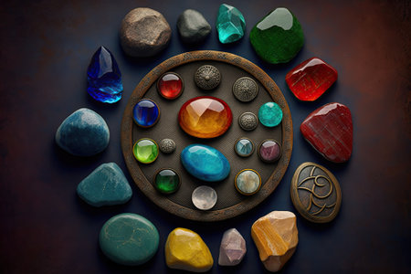 Chakra healing stones, chakra crystals, stones that connect to primary seven chakras in the human body. 7 colored chakra crystal. AI generative.の素材