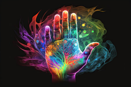Reiki energy healing. Reiki is an energy healing technique that promotes relaxation, reduces stress and anxiety through gentle touch. AI generative.の素材
