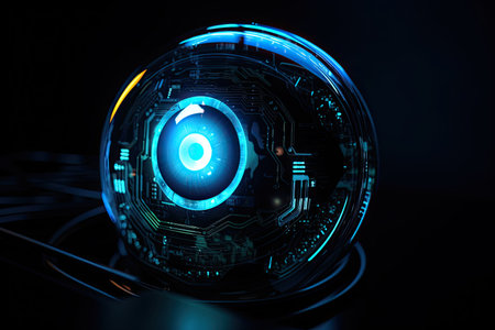 Computer vision is a type of artificial intelligence AI that uses deep learning to analyze visual data. Blue eye cyber circuit. AI generative.の素材