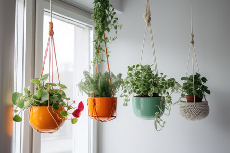 Indoor Hanging plants at home. Trailing and Hanging House Plants on window background. Home space with mini treehouse kit for a charming botanical retreat. AI generative.の素材