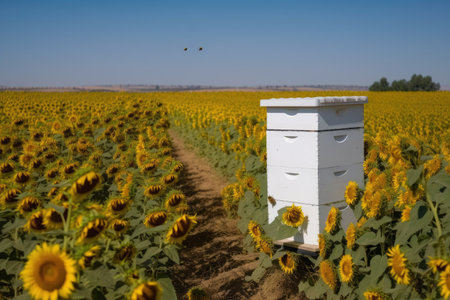 Bee Vectoring Technologies (BVT) provide highly targeted pest and disease management solutions through biological control. Beehive with bees among the agricultural field. AI generative.の素材