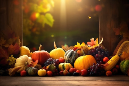 An image of an autumn harvest table filled with nourishing fruits, vegetables, and healthy foods, highlighting the connection between nutrition and mental health.の素材