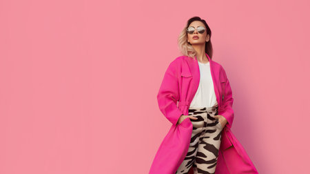 Stylish modern blonde woman wearing pink cloth on pink background, fashion doll, barbiecore web banner.の素材