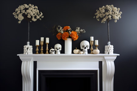 Halloween Mantel Decor. Halloween Mantels Fireplaces ideas 2023. DIY Halloween Decorations to scary home. Ideas of Halloween indoor and outdoor decor on October 31.の素材