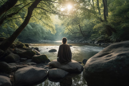 Earth energy, Nature Spirituality, turning to nature, How to Practice Nature-Based Spirituality Responsibly. Back view of yoga pose person on nature background with sun light.の素材