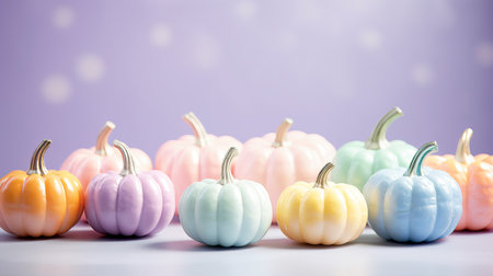 Minimal pastel pumpkins Thanksgiving Halloween decoration at home. Trendy modern pastel pumpkins on table. Autumn holidays decoration arrangement ideas with pastel pumpkins and flowers.の素材