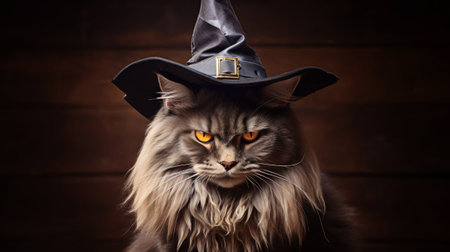 Halloween cat web banner. Gloomy angry Maine Coon cat with orange eyes in a witch's hat on a dark background.の素材