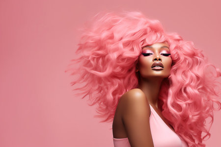 Fashion Blonde Woman Portrait on pink background. Stylish modern fashionable trendy girl on pink background, fashion doll.の素材