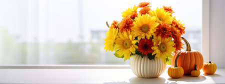 Autumn Thanksgiving decorative arrangement of sunflower flowers and chrysanthemums in pumpkin on white table at home. Thanksgiving interior decorative composition web banner.の素材