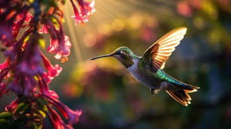 Flying hummingbird web banner. National Hummingbird Day. Flying hummingbird with flowers background. Small colorful bird in flight.の素材