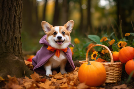 Cute corgi dog in Halloween costume sitting near pumpkins and candles outdoors. Halloween welsh corgi pembroke with pumpkiin.の素材