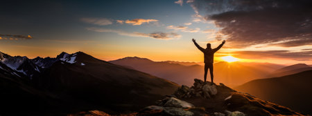 National Live Fearless Day, September 2. A fearless hiker is standing on an overhanging rock enjoying the view on sunset sky background. Live fearlesslyの素材