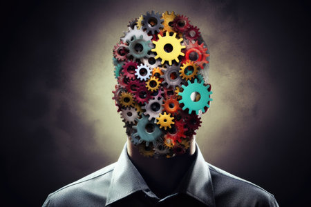 Human head silhouette with gear brain. Head and brain gears in progress. Consciousness, thinking, intelligence, Creative Mind concept.の素材