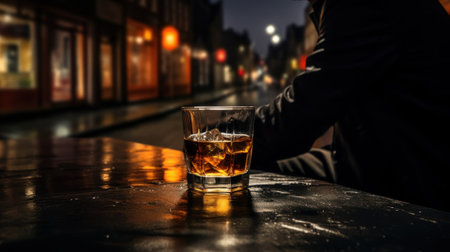 Binge drinking, Unhealthy alcohol use disorder. A glass of alcohol and a blurred silhouette of a man on the background. Dark atmosphere.の素材