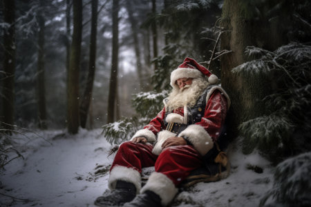 Tired Santa Claus sitting and sleeping under a tree in a snowy forest. Santa Claus got tired and decided to rest in the winter forest after giving gifts on Christmas.の素材