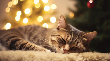 Christmas sleeping cat and a blurred Christmas tree with lights in the background. Cute tabby sleeping kitten, kitty, cat lying on plaid under chrismas tree.の素材
