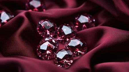 Shiny rubies diamonds brilliants gemstones on red fabric wavy background. Luxury Diamonds crystals and silk satin fabric texture backgroundの素材