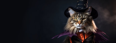 Halloween cat in wizard costume and hat wide web banner. Funny Halloween Witch Themed cat with orange eyes in a witchs hat on a dark background.の素材